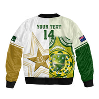 White bomber jacket back with 'YOUR TEXT 14' print, star and shield graphic, ribbed hem