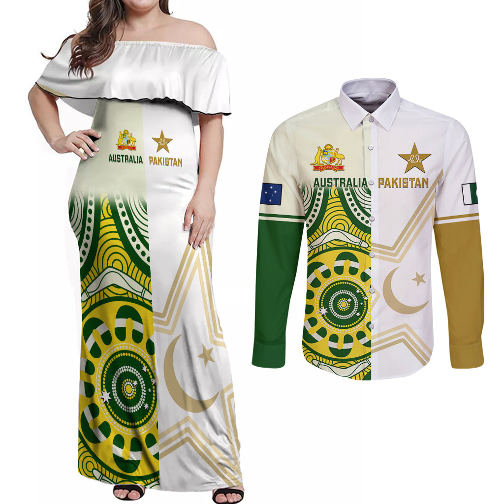 Custom Australia And Pakistan Cricket Couples Matching Off Shoulder Maxi Dress and Long Sleeve Button Shirts Boxing Day 2023 Test Aussie With Shaheens - Wonder Print Shop