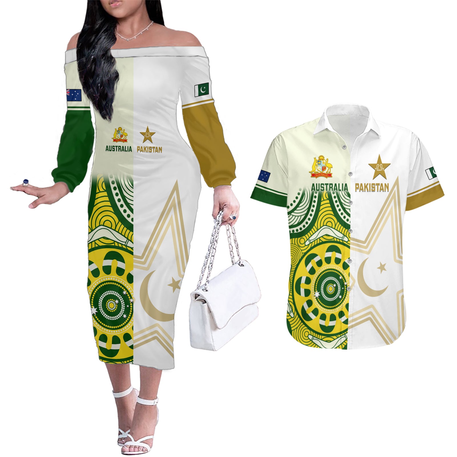 Custom Australia And Pakistan Cricket Couples Matching Off The Shoulder Long Sleeve Dress and Hawaiian Shirt Boxing Day 2023 Test Aussie With Shaheens - Wonder Print Shop