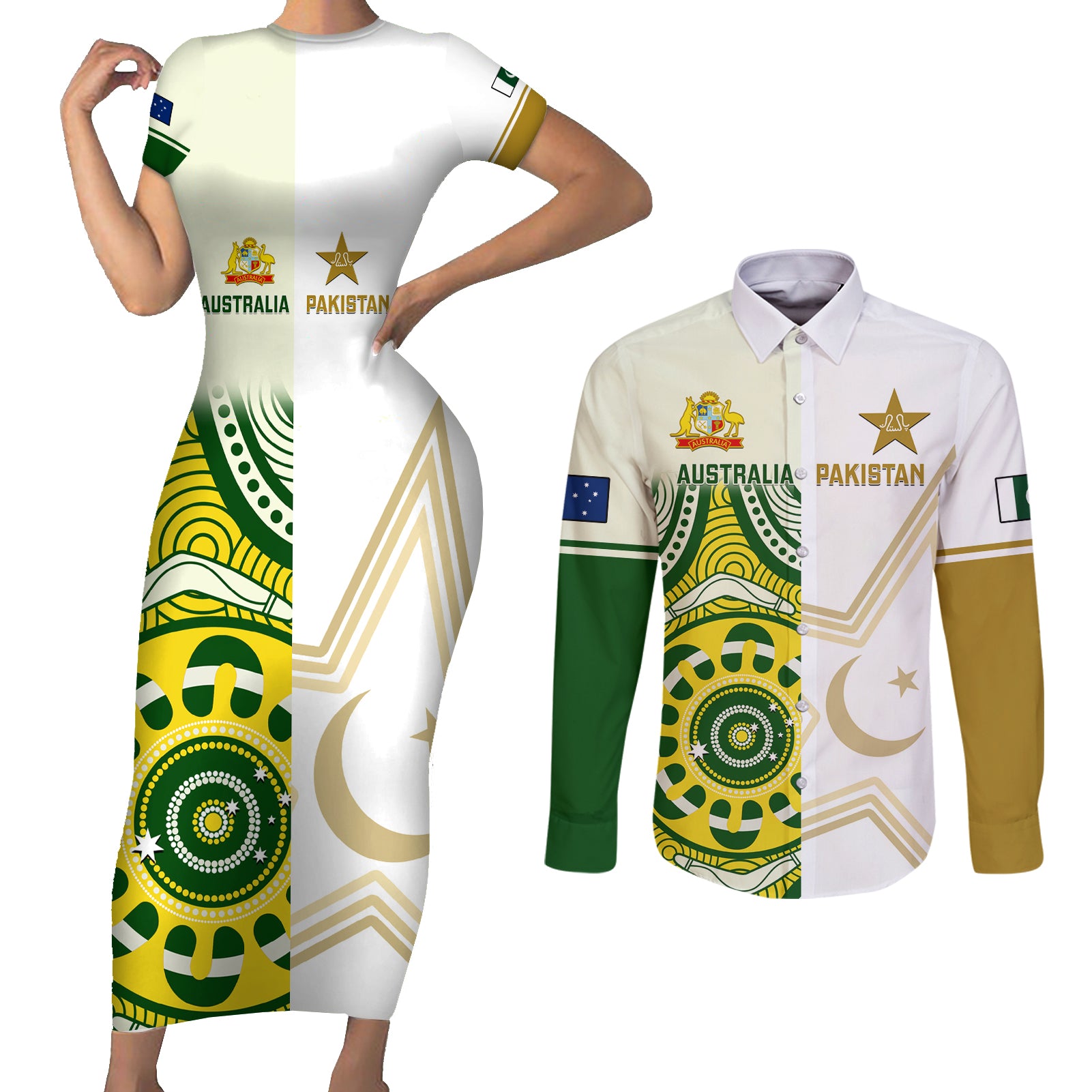 Custom Australia And Pakistan Cricket Couples Matching Short Sleeve Bodycon Dress and Long Sleeve Button Shirts Boxing Day 2023 Test Aussie With Shaheens - Wonder Print Shop