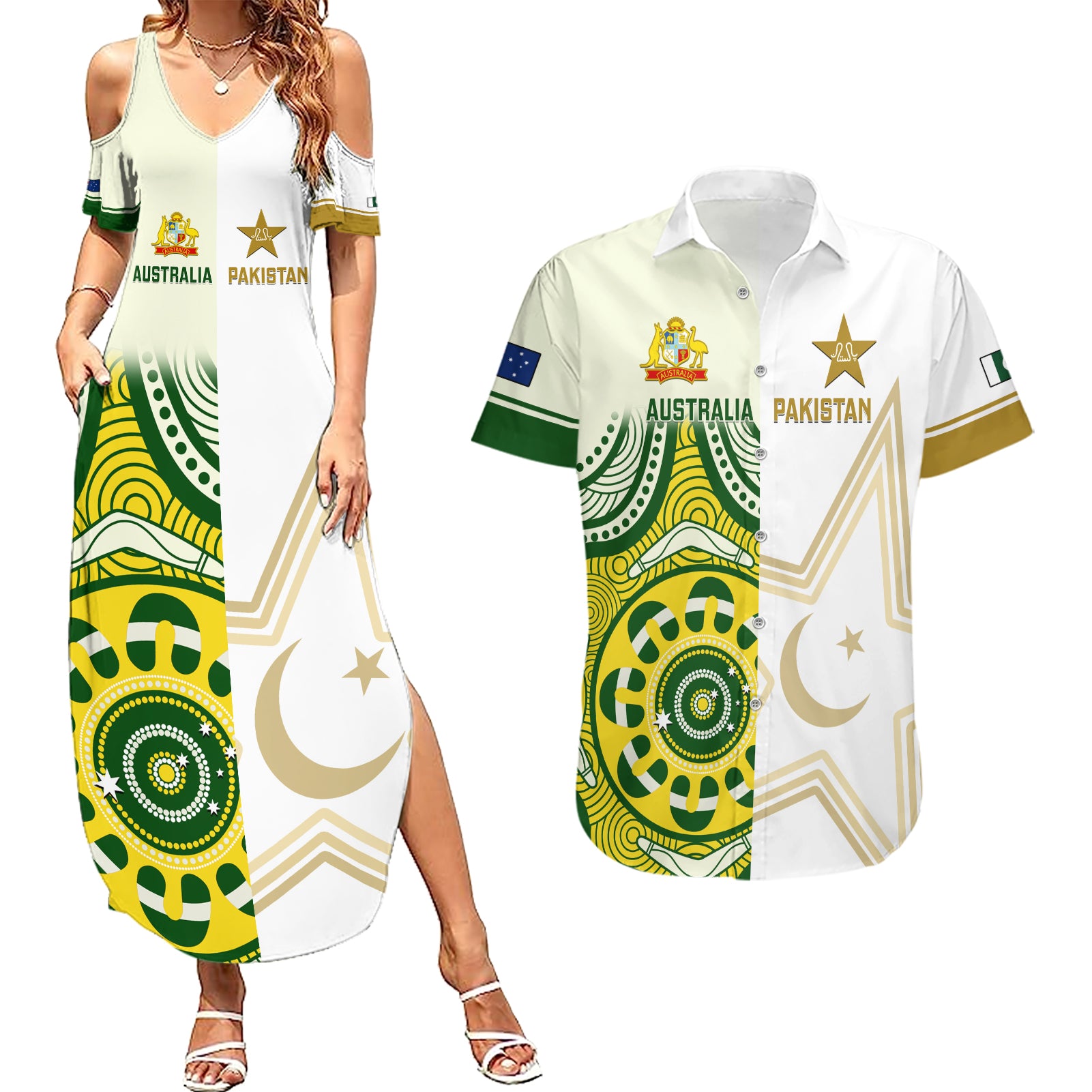 Custom Australia And Pakistan Cricket Couples Matching Summer Maxi Dress and Hawaiian Shirt Boxing Day 2023 Test Aussie With Shaheens - Wonder Print Shop