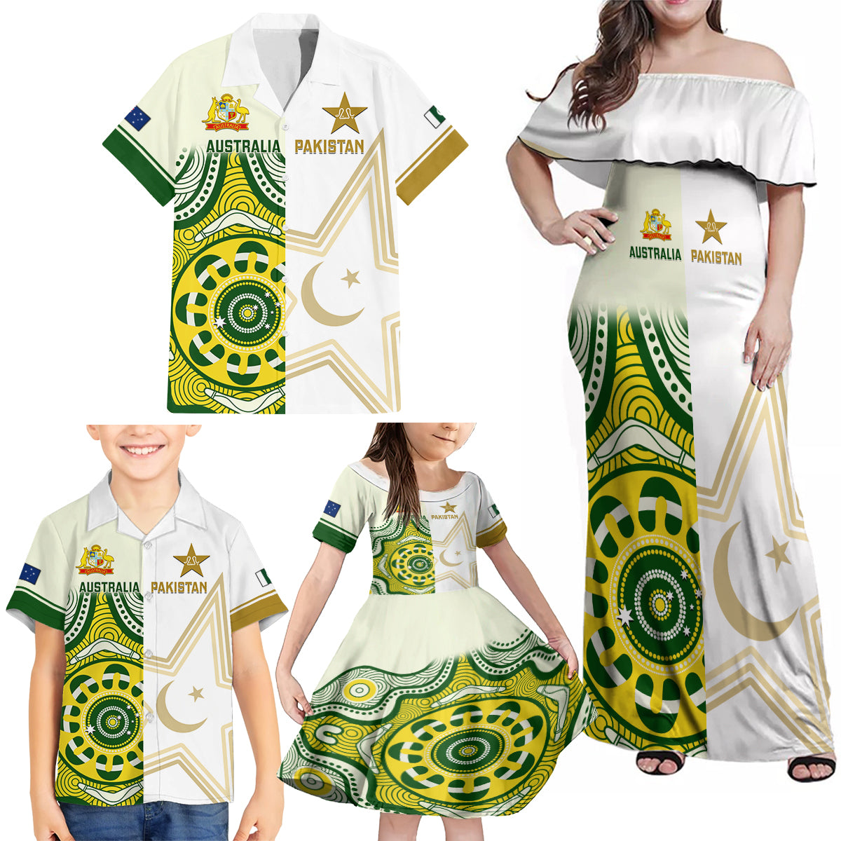 Custom Australia And Pakistan Cricket Family Matching Off Shoulder Maxi Dress and Hawaiian Shirt Boxing Day 2023 Test Aussie With Shaheens - Wonder Print Shop