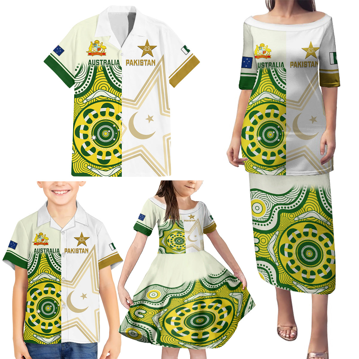 Custom Australia And Pakistan Cricket Family Matching Puletasi Dress and Hawaiian Shirt Boxing Day 2023 Test Aussie With Shaheens - Wonder Print Shop