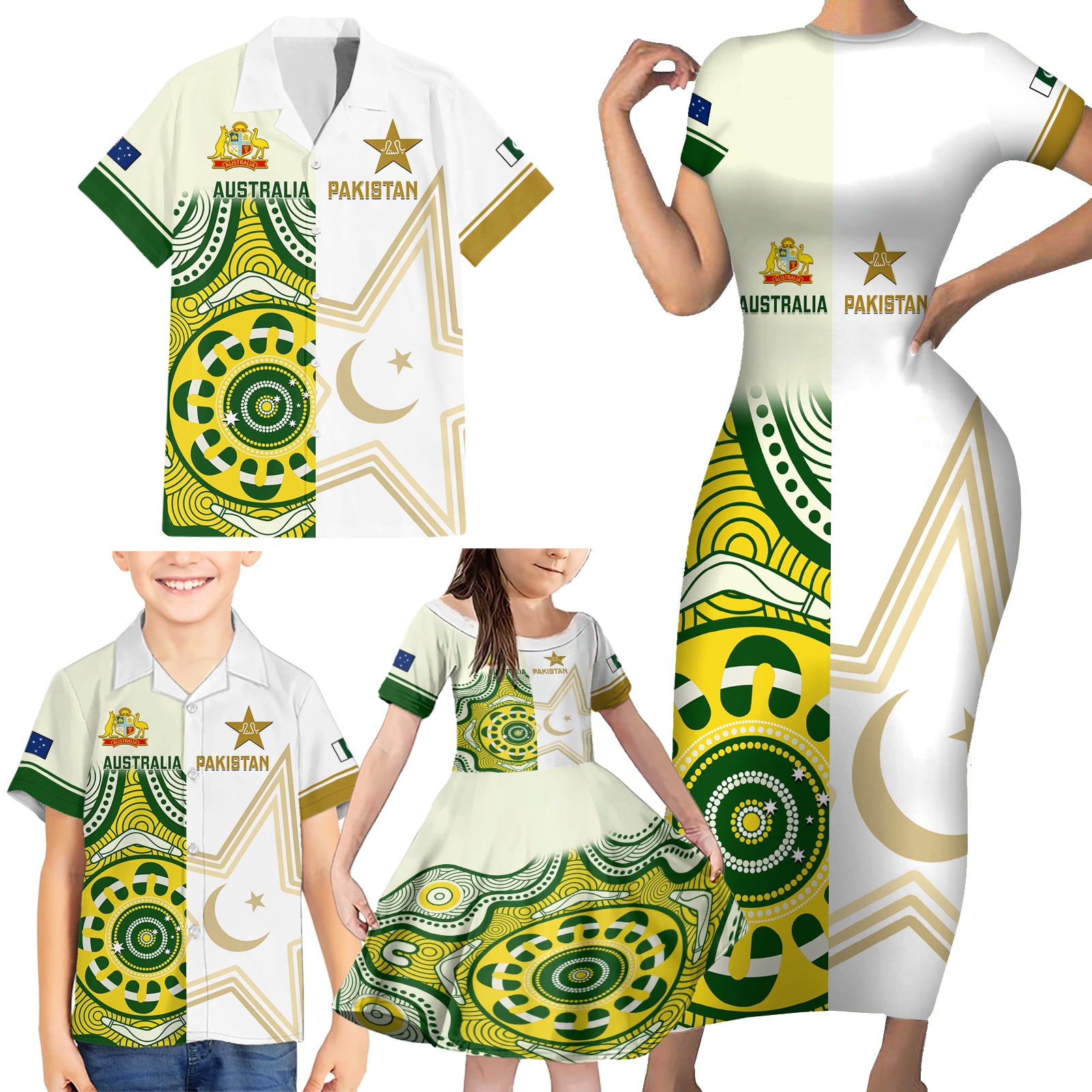 Custom Australia And Pakistan Cricket Family Matching Short Sleeve Bodycon Dress and Hawaiian Shirt Boxing Day 2023 Test Aussie With Shaheens - Wonder Print Shop