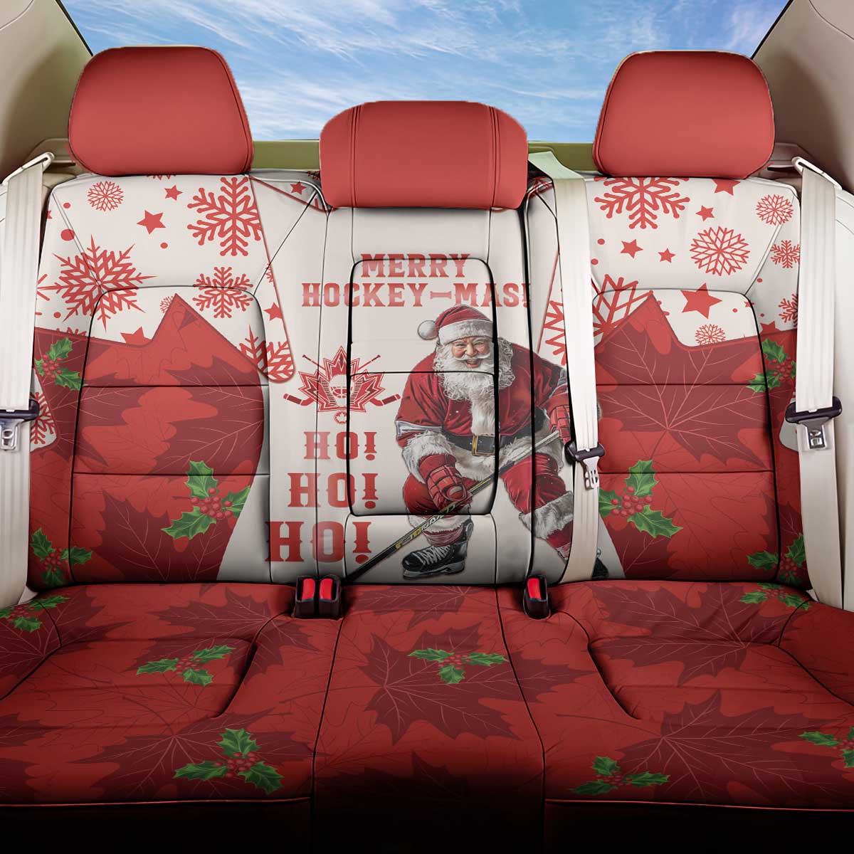 Christmas Canada Hockey Back Car Seat Cover Merry Hockey-Mas Maple Leaves Pattern