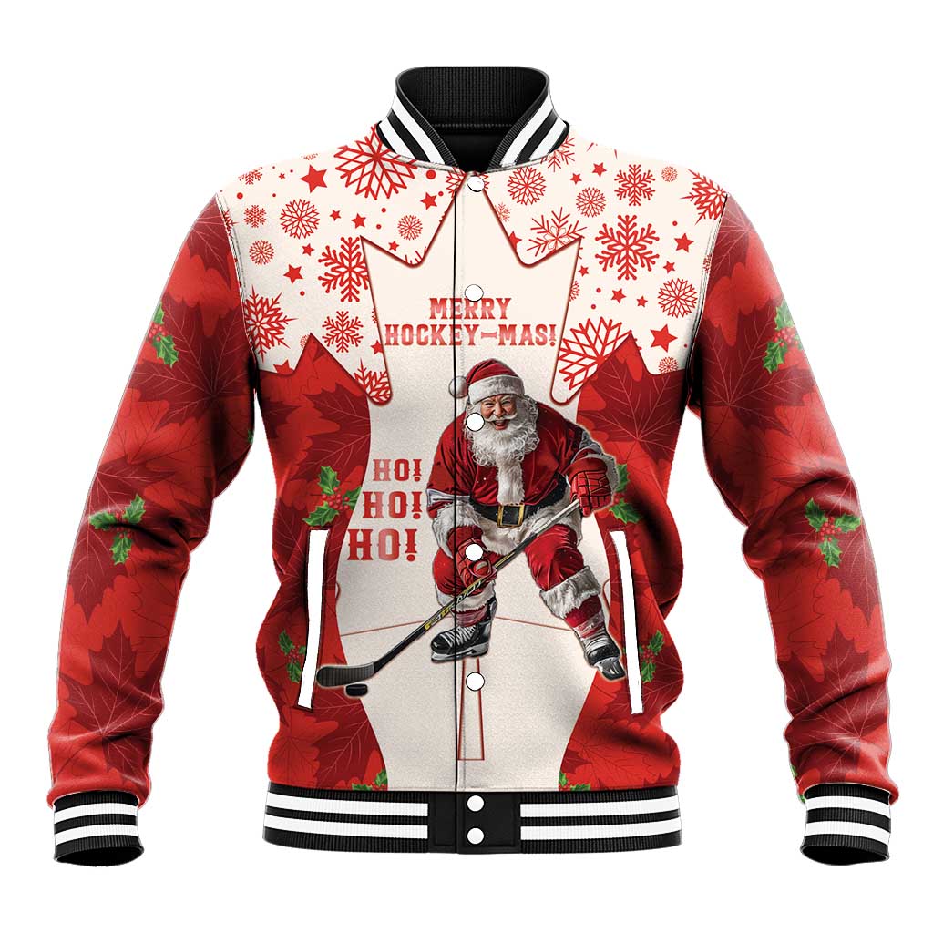 Unisex red/white hockey Christmas baseball jacket, striped collar, 'Merry Hocke-Mas' front