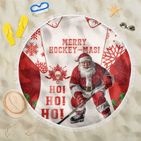 Round beach blanket with fringe edge, red and white Merry Hockey-Mas Santa hockey design
