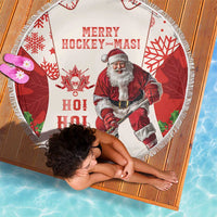 Round beach blanket with fringe edge, Merry Hockey-Mas Santa hockey design, used with person