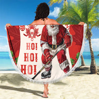 Round beach blanket with fringe edge, Merry Hockey-Mas Santa hockey design, held open