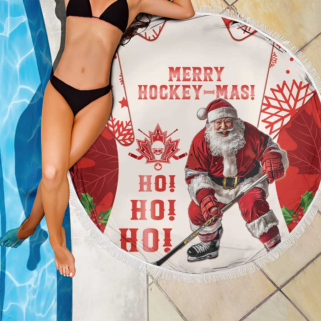 Round beach blanket with fringe edge, Merry Hockey-Mas Santa hockey design with maple leaves