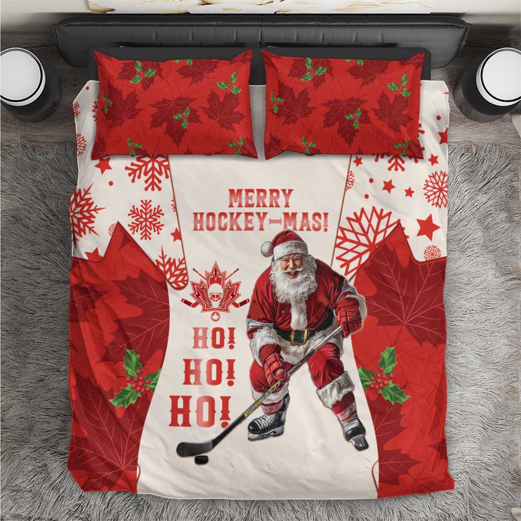 Red and white hockey-themed Christmas bedding set with Santa and maple leaf accents, two pillowcases.