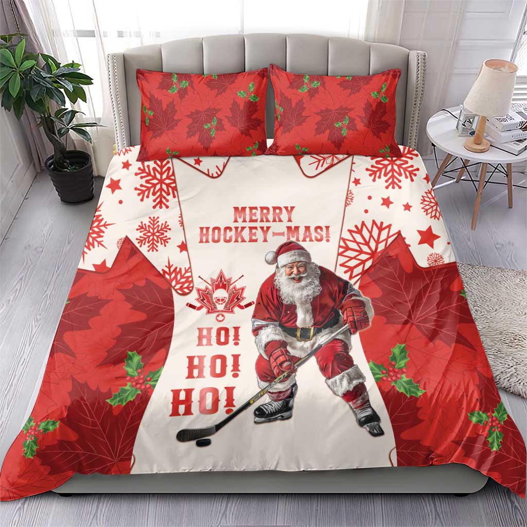 Red and white Christmas hockey bedding set with Santa figure and “MERRY HOCKEY-MAS” text, two pillows.