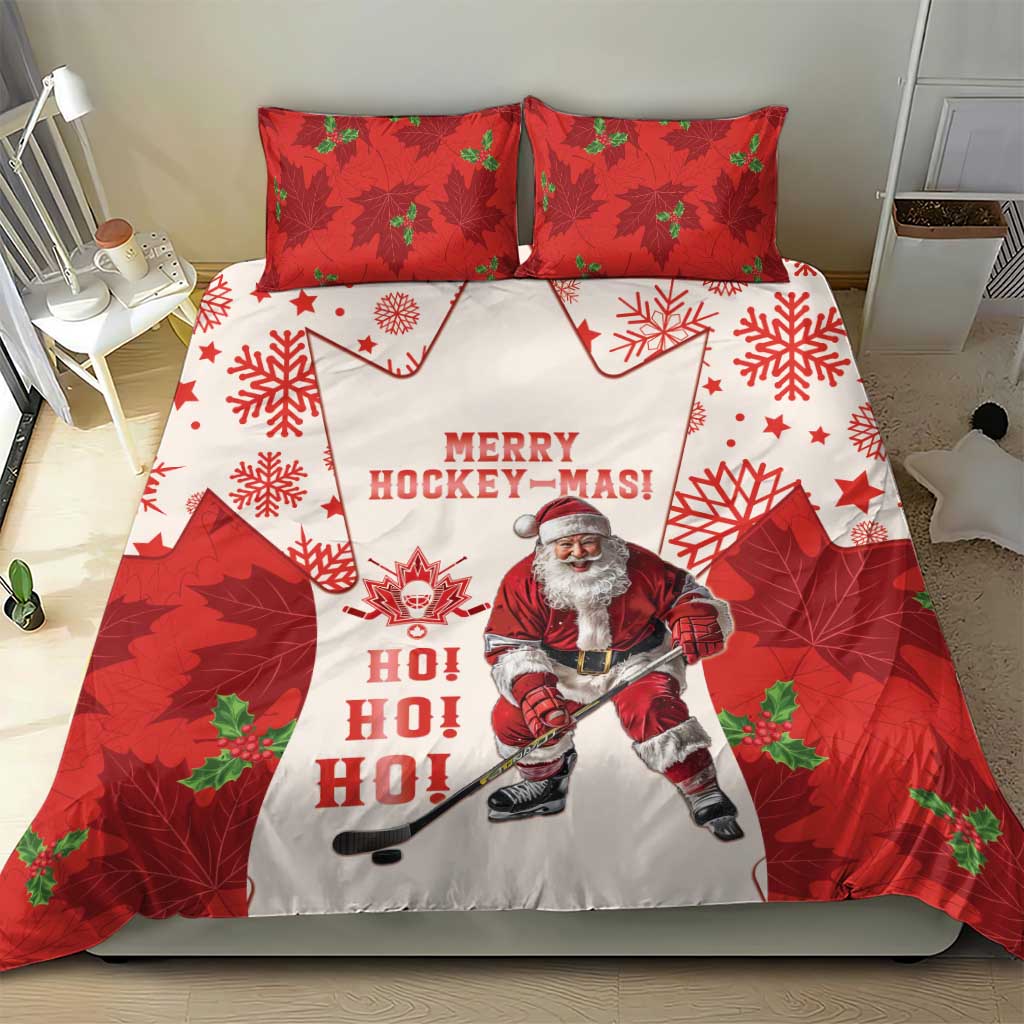 Red and white Christmas hockey bedding set with Santa skating, snowflakes, and two matching red pillowcases.