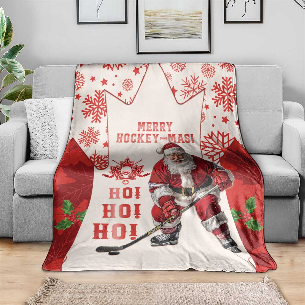 Red and white Santa hockey holiday throw blanket with HO HO HO text and maple leaf accents