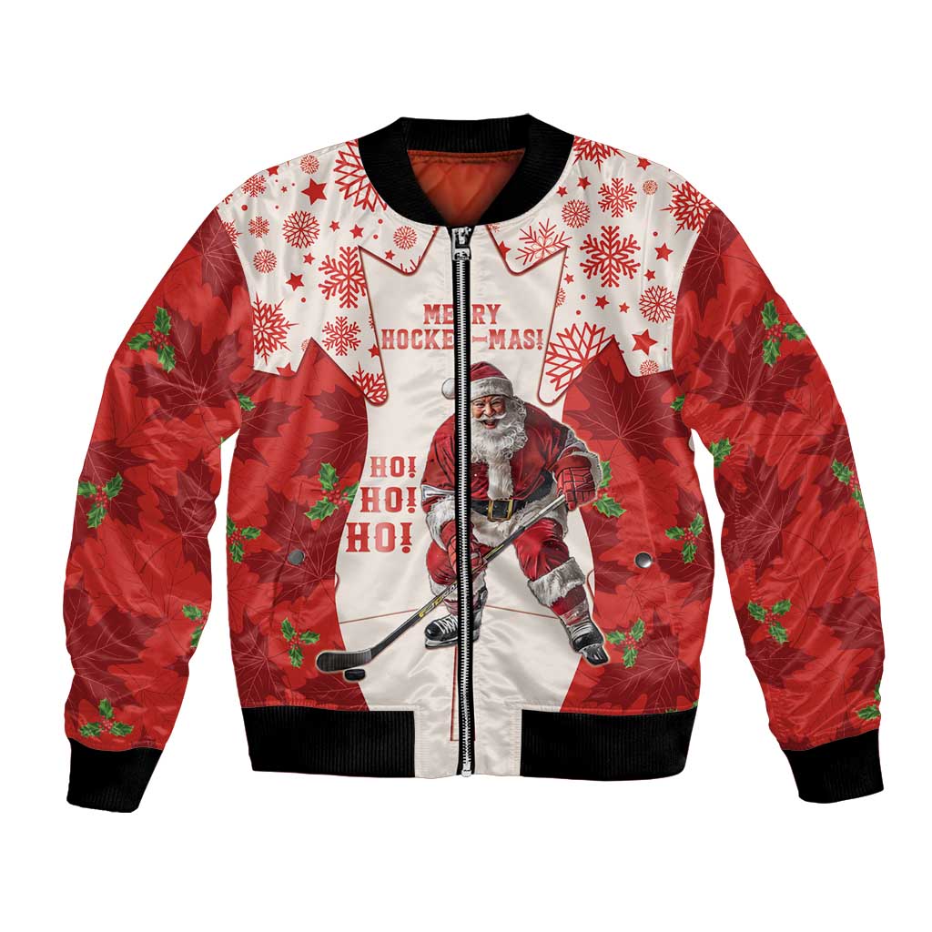 Red bomber jacket with white front panel, Merry Hockey-Mas graphic, zip front.