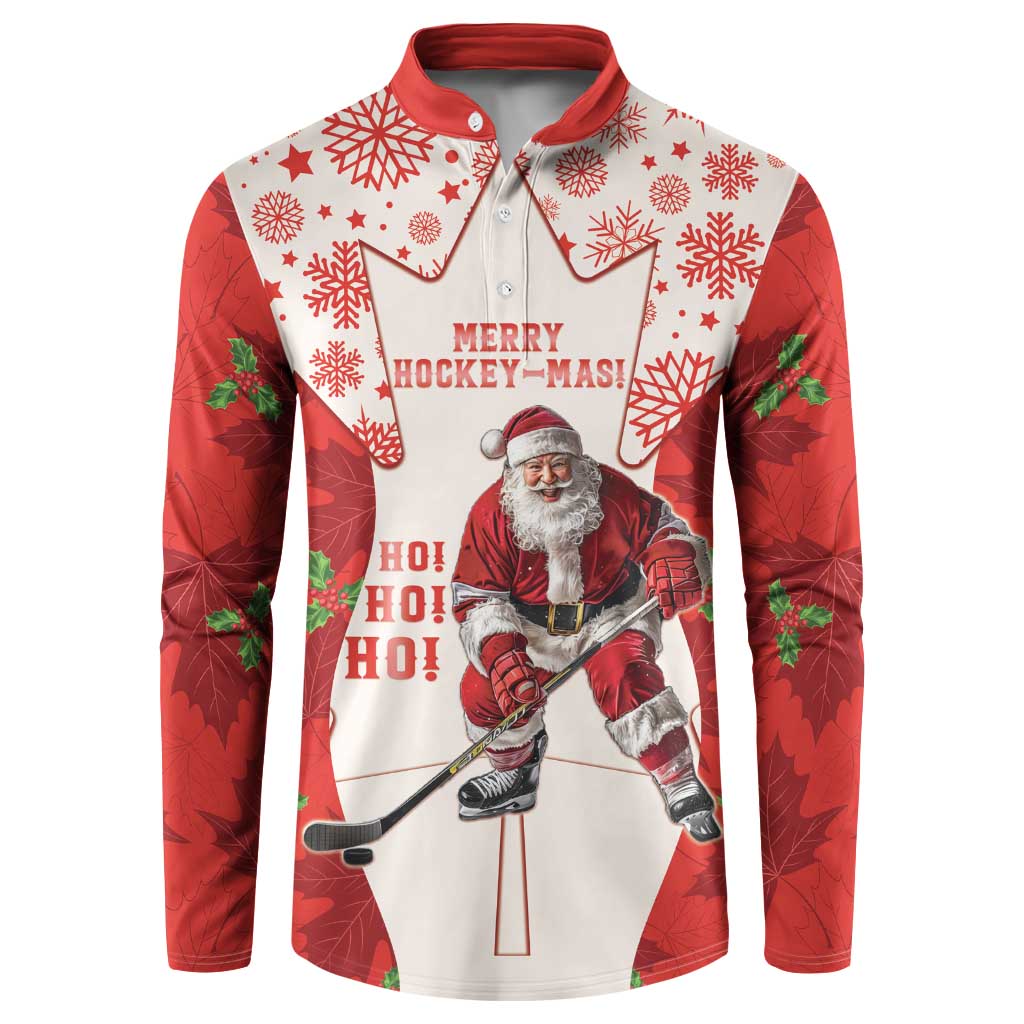 Red and white holiday hockey button sweatshirt with Santa, HO HO HO text, snowflakes
