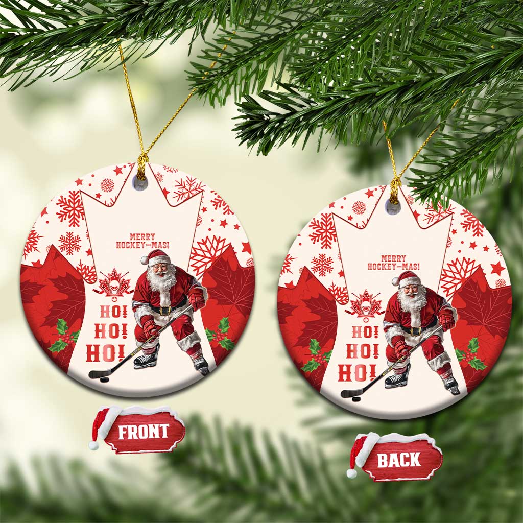 Red hockey-themed ceramic Christmas ornament with Santa and maple leaf pattern, circle shape