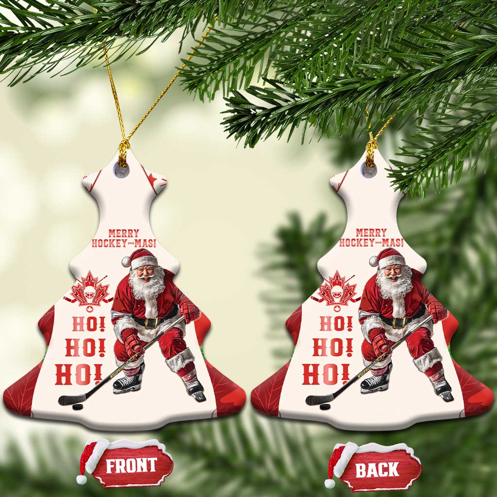 Red hockey-themed ceramic Christmas ornament with Santa and maple leaf pattern, Christmas tree shape