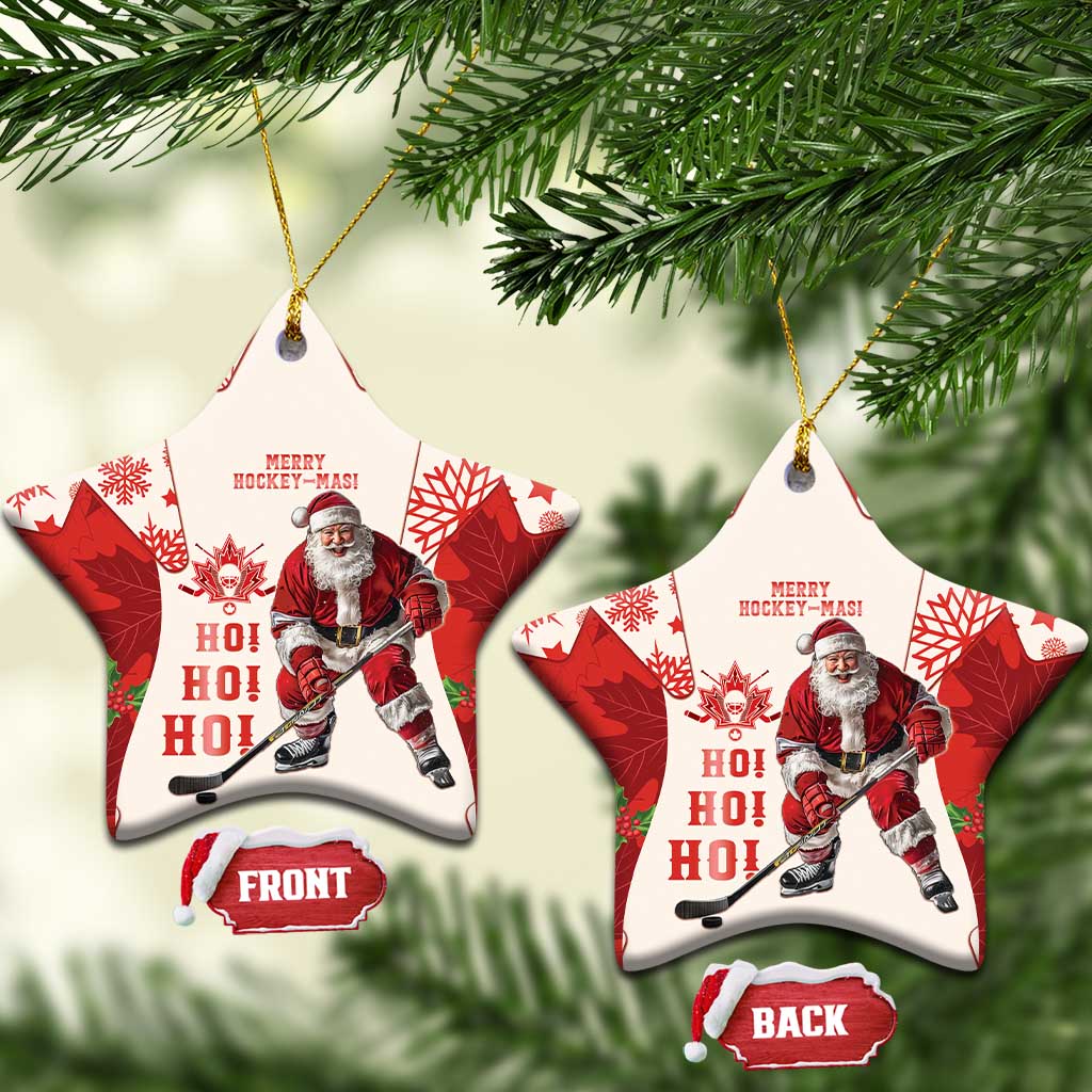Red hockey-themed ceramic Christmas ornament with Santa and maple leaf pattern, star shape