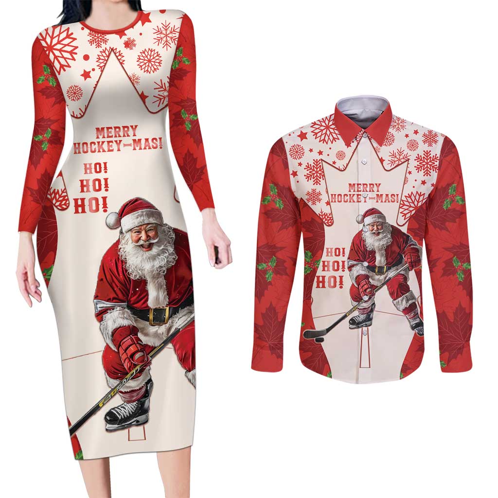 Christmas Canada Hockey Couples Matching Long Sleeve Bodycon Dress and Long Sleeve Button Shirt Merry Hockey-Mas Maple Leaves Pattern - Wonder Print Shop