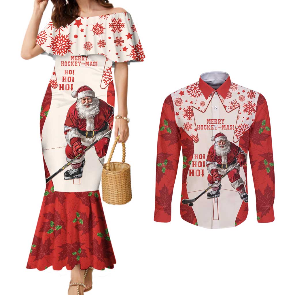 Christmas Canada Hockey Couples Matching Mermaid Dress and Long Sleeve Button Shirt Merry Hockey-Mas Maple Leaves Pattern