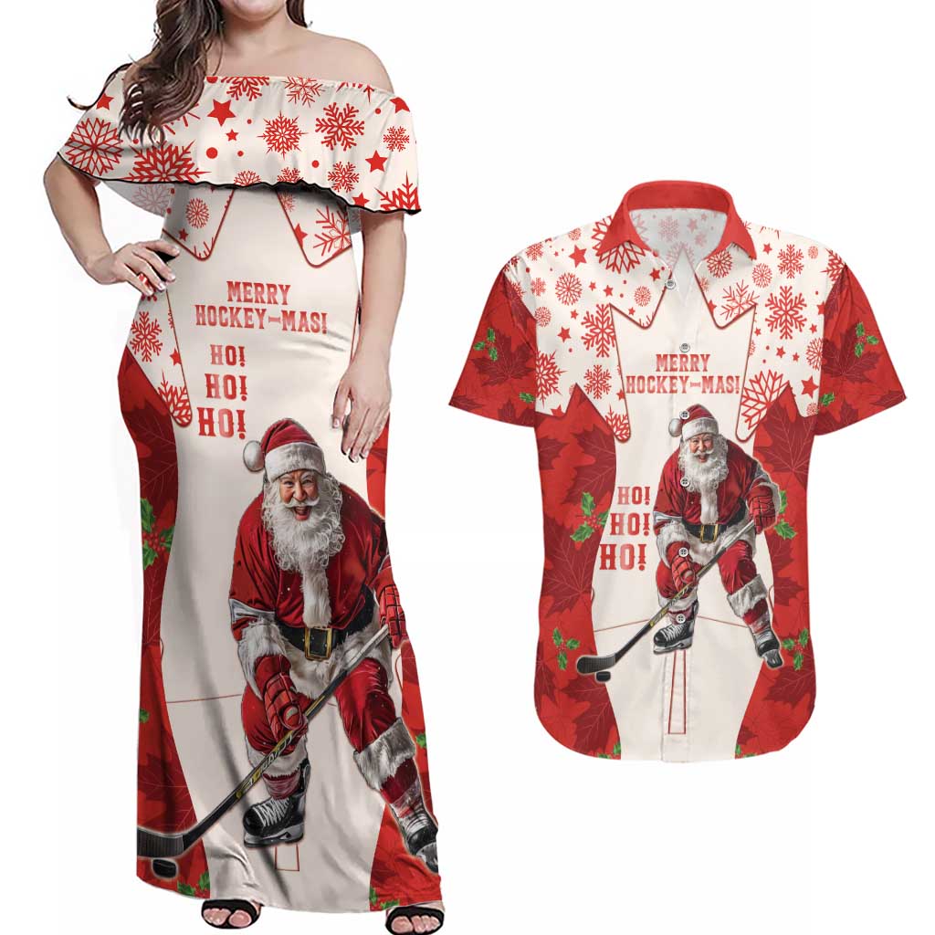 Christmas Canada Hockey Couples Matching Off Shoulder Maxi Dress and Hawaiian Shirt Merry Hockey-Mas Maple Leaves Pattern - Wonder Print Shop