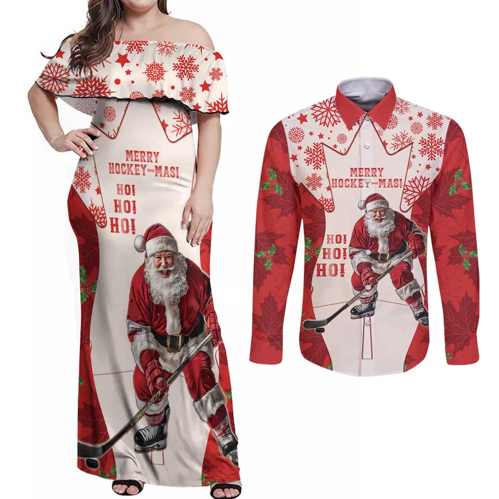 Christmas Canada Hockey Couples Matching Off Shoulder Maxi Dress and Long Sleeve Button Shirt Merry Hockey-Mas Maple Leaves Pattern - Wonder Print Shop