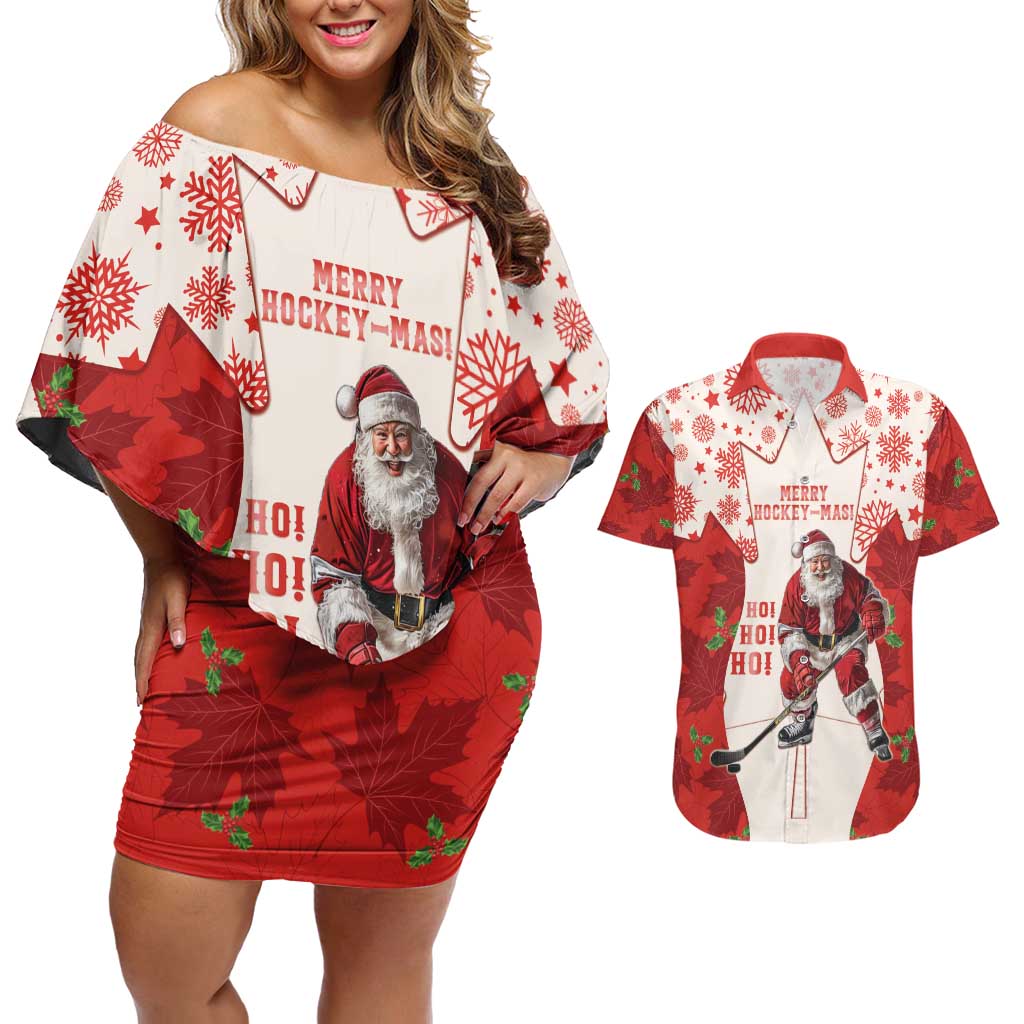 Christmas Canada Hockey Couples Matching Off Shoulder Short Dress and Hawaiian Shirt Merry Hockey-Mas Maple Leaves Pattern - Wonder Print Shop