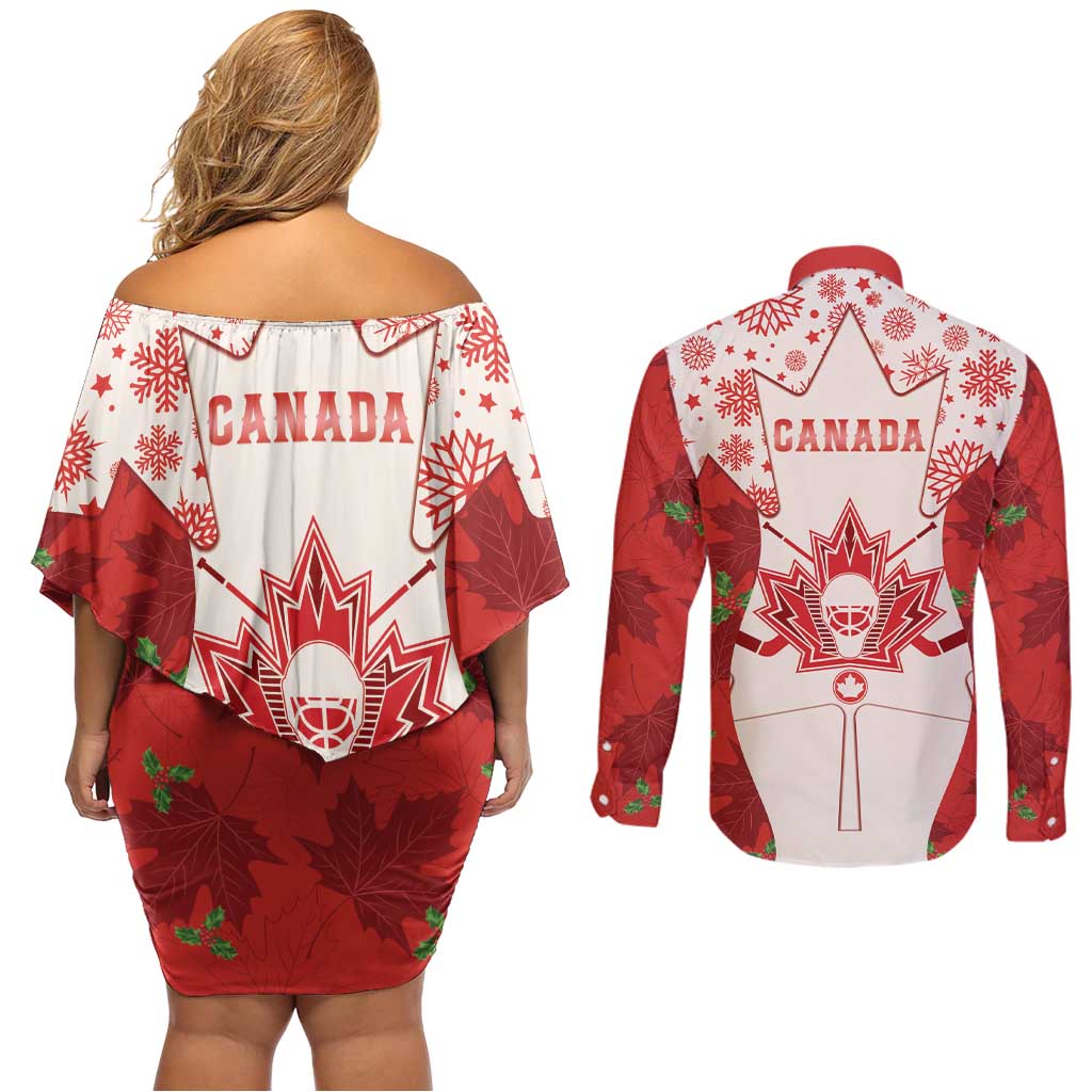 Christmas Canada Hockey Couples Matching Off Shoulder Short Dress and Long Sleeve Button Shirt Merry Hockey-Mas Maple Leaves Pattern - Wonder Print Shop