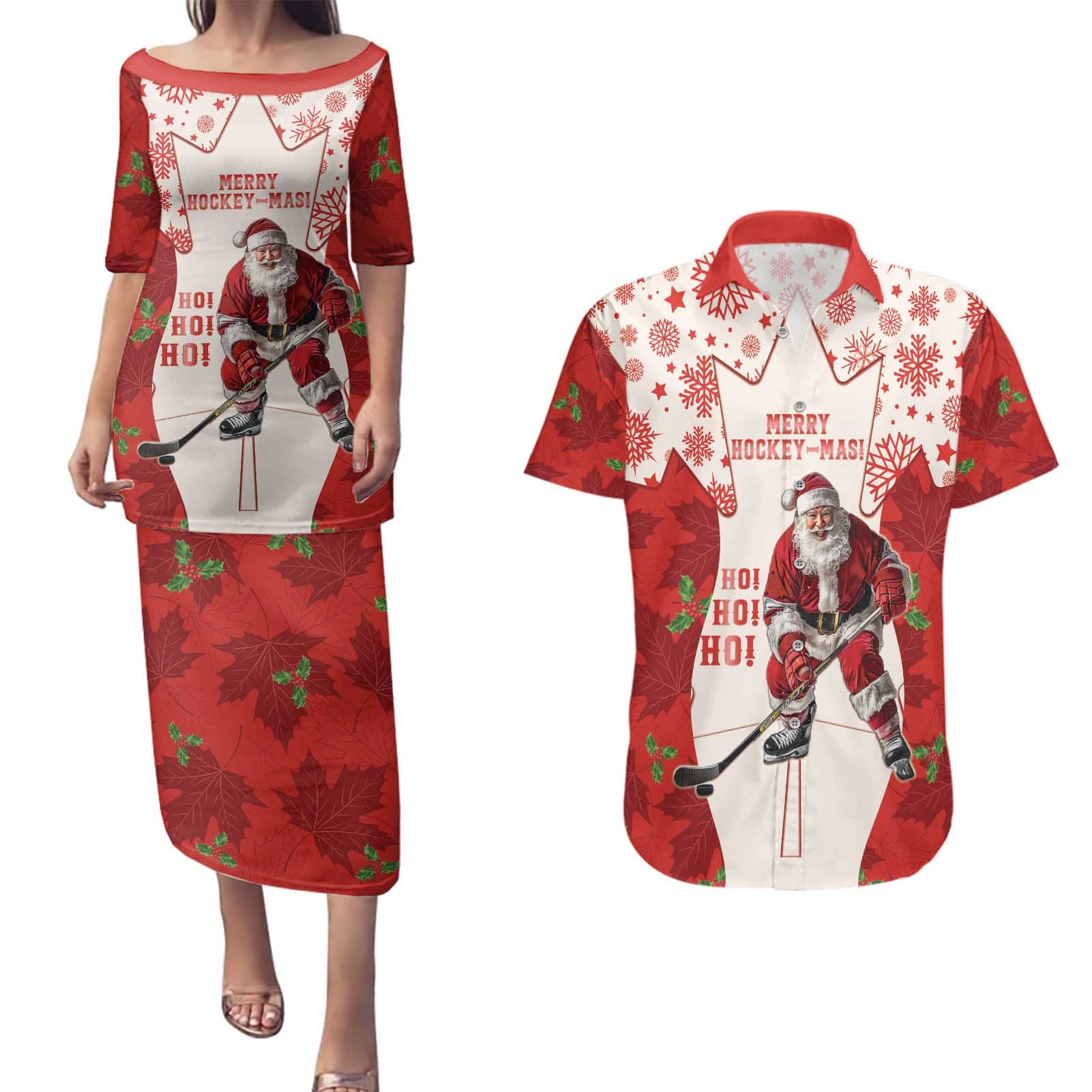 Christmas Canada Hockey Couples Matching Puletasi and Hawaiian Shirt Merry Hockey-Mas Maple Leaves Pattern - Wonder Print Shop