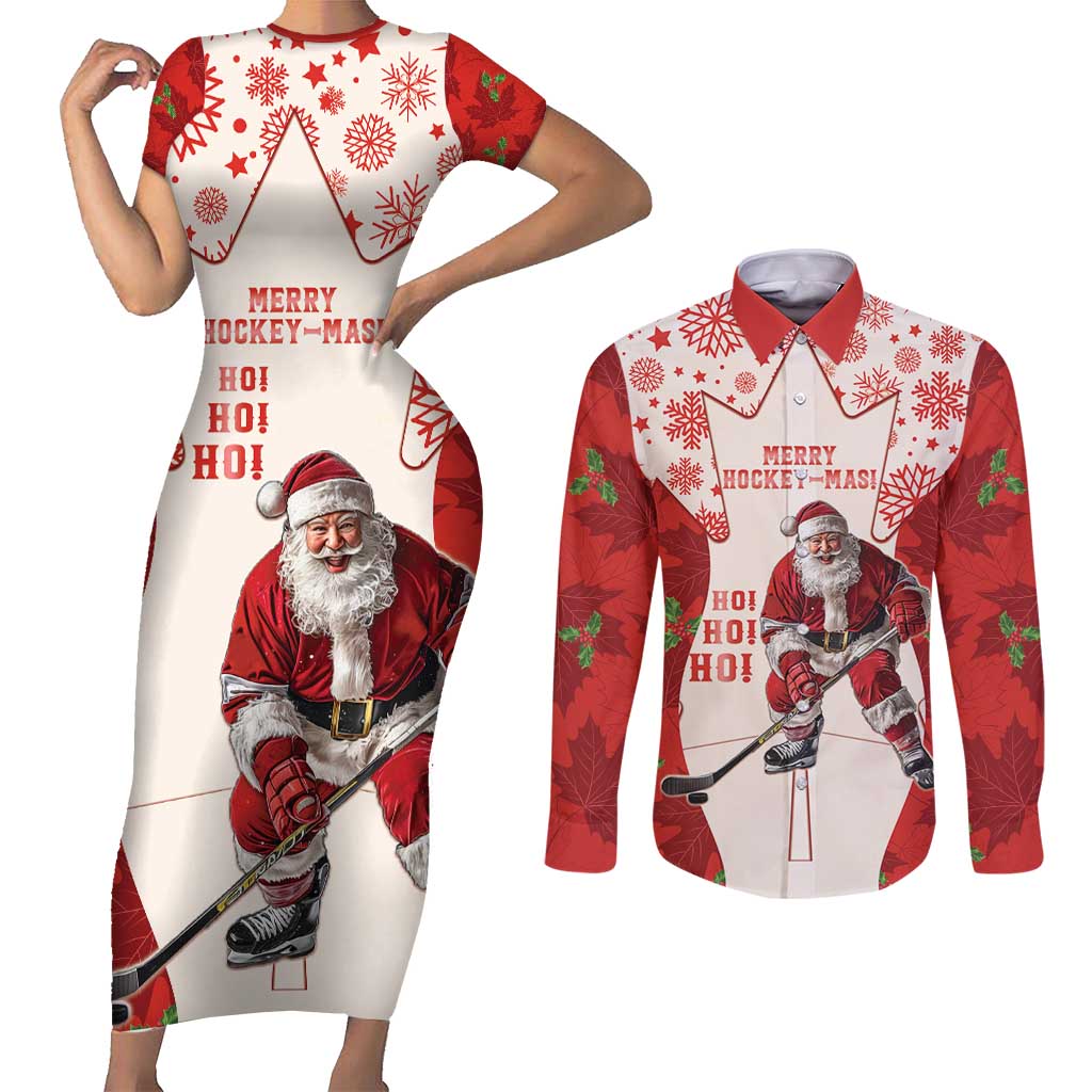 Christmas Canada Hockey Couples Matching Short Sleeve Bodycon Dress and Long Sleeve Button Shirt Merry Hockey-Mas Maple Leaves Pattern - Wonder Print Shop