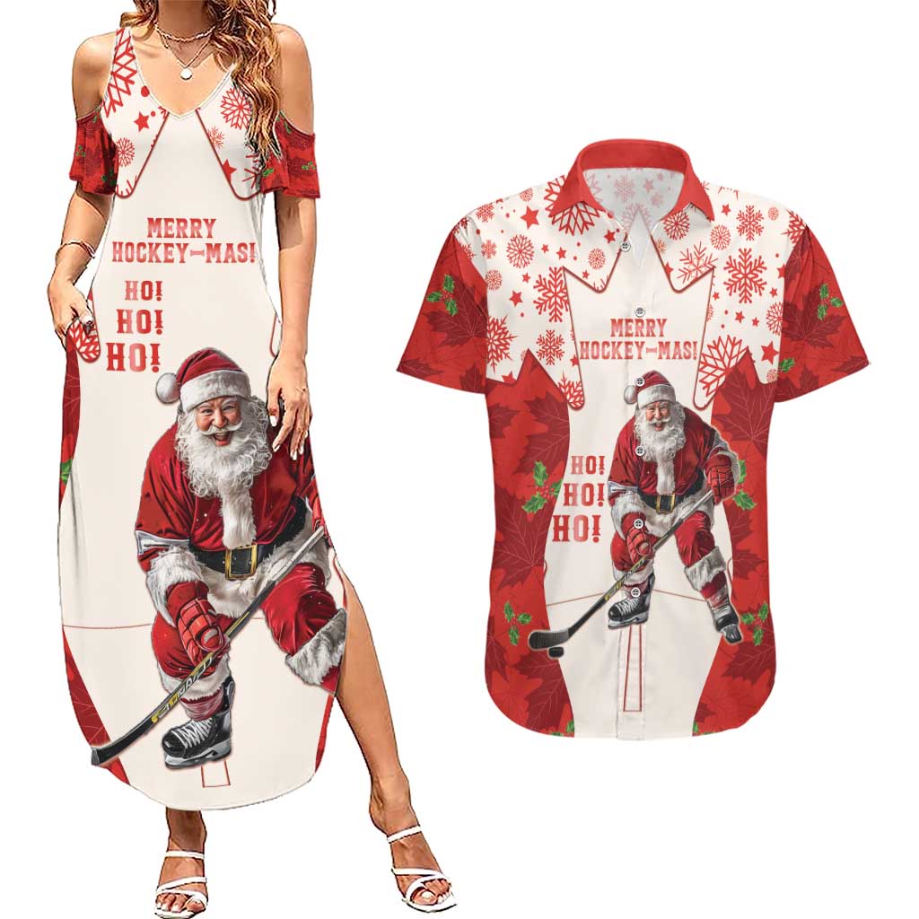 Christmas Canada Hockey Couples Matching Summer Maxi Dress and Hawaiian Shirt Merry Hockey-Mas Maple Leaves Pattern - Wonder Print Shop