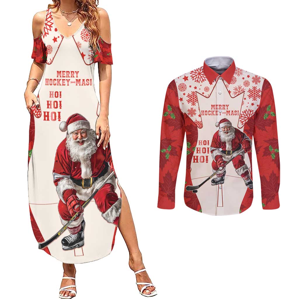 Christmas Canada Hockey Couples Matching Summer Maxi Dress and Long Sleeve Button Shirt Merry Hockey-Mas Maple Leaves Pattern - Wonder Print Shop