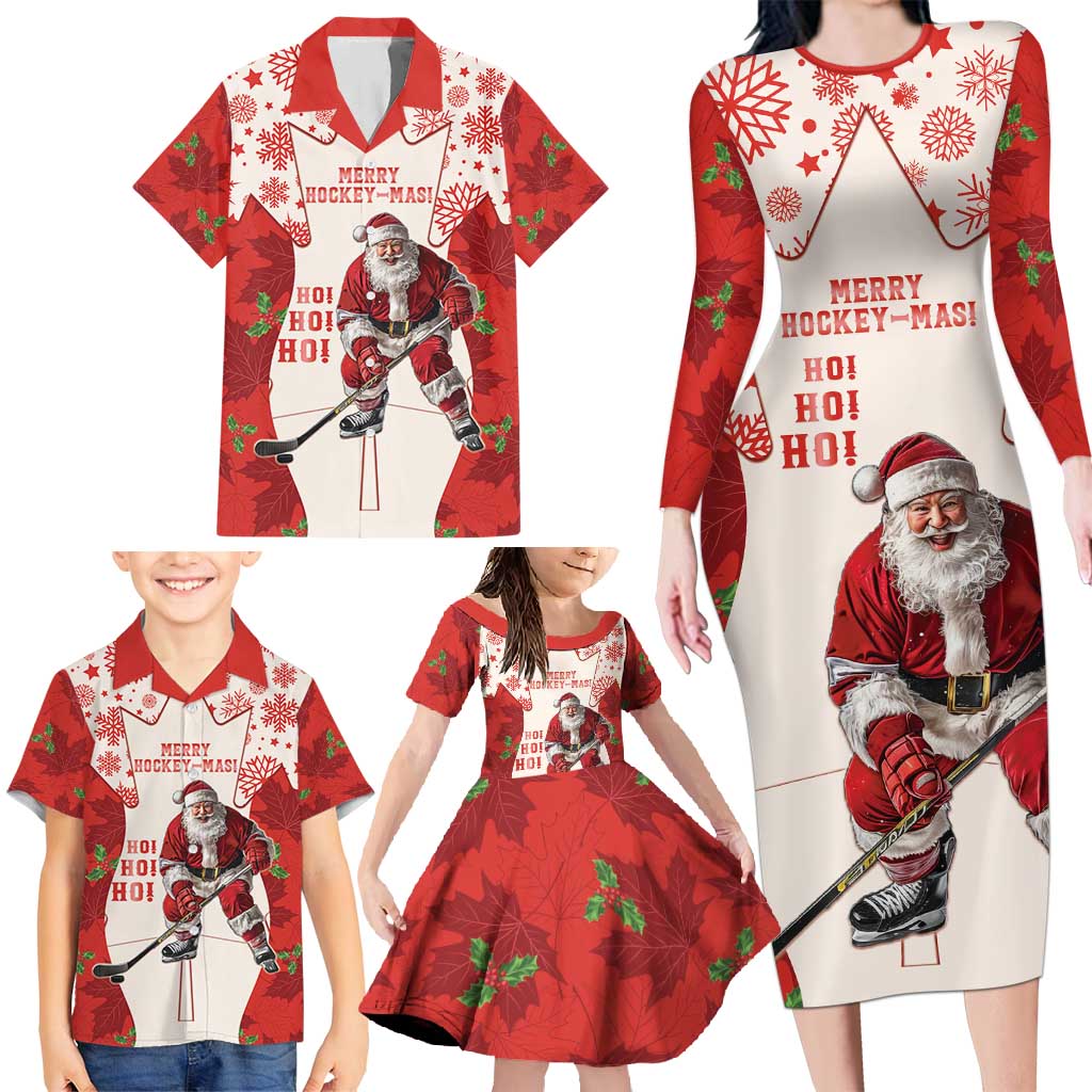 Christmas Canada Hockey Family Matching Long Sleeve Bodycon Dress and Hawaiian Shirt Merry Hockey-Mas Maple Leaves Pattern - Wonder Print Shop