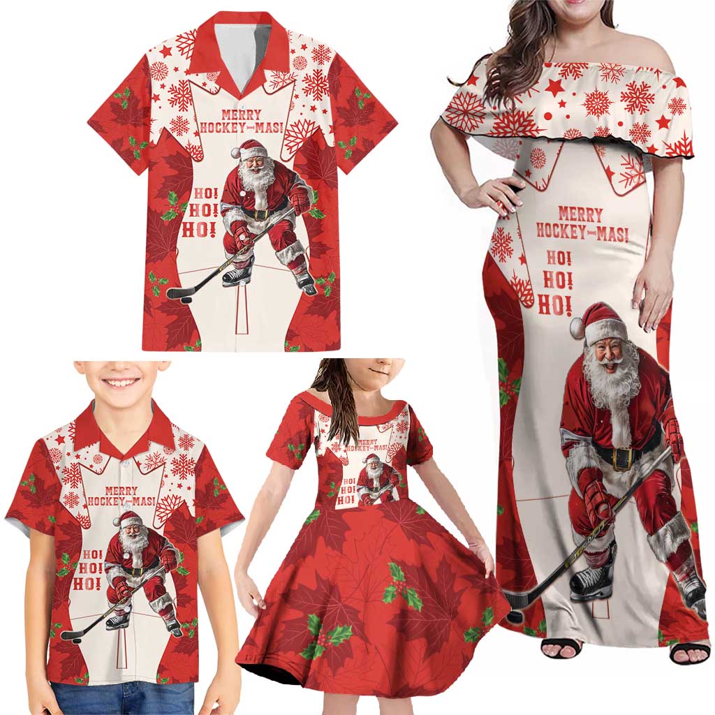 Christmas Canada Hockey Family Matching Off Shoulder Maxi Dress and Hawaiian Shirt Merry Hockey-Mas Maple Leaves Pattern - Wonder Print Shop