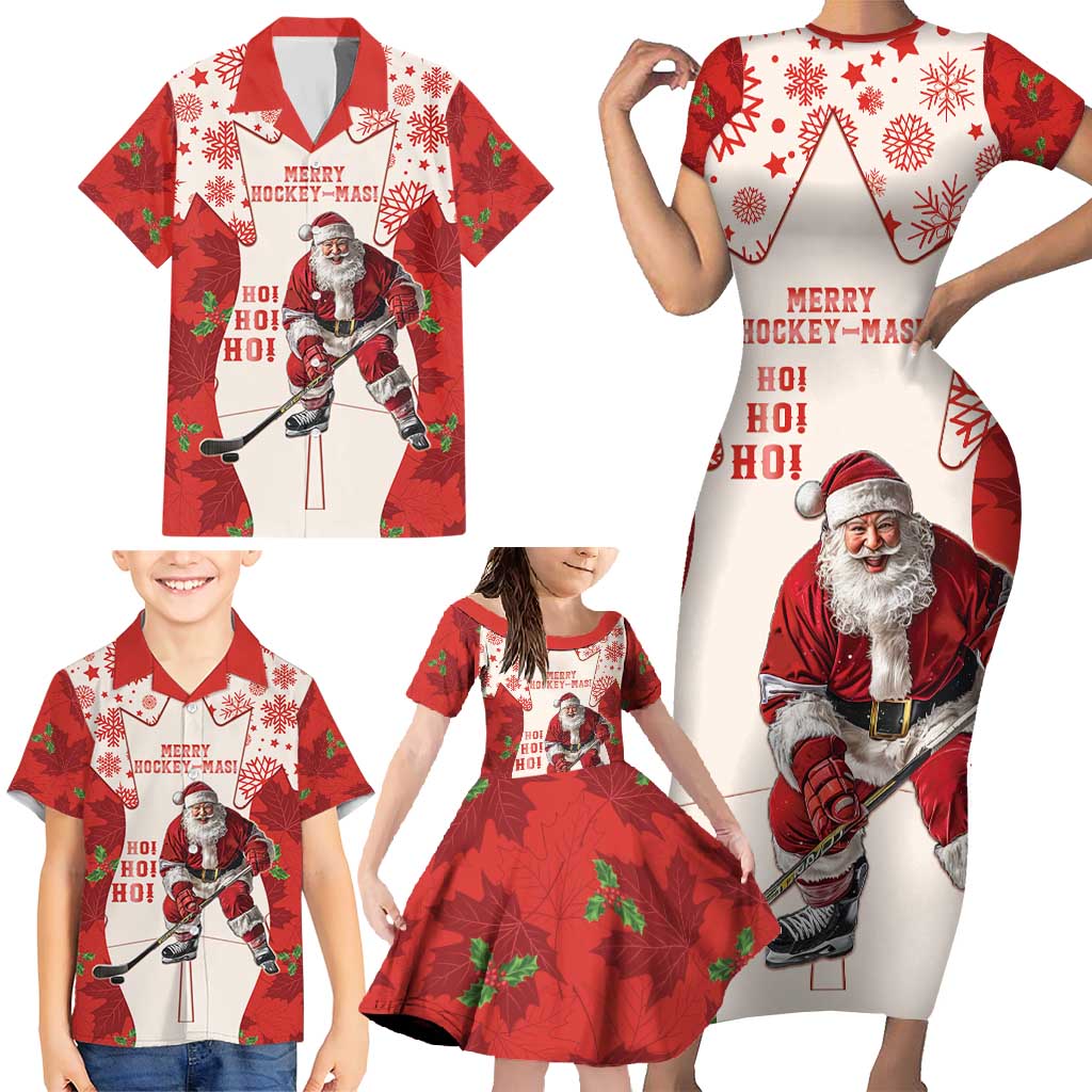 Christmas Canada Hockey Family Matching Short Sleeve Bodycon Dress and Hawaiian Shirt Merry Hockey-Mas Maple Leaves Pattern - Wonder Print Shop