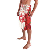 Red and white hockey-themed sarong with Canada crest and maple leaves, front view