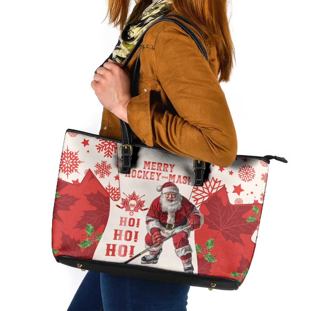 Christmas Canada Hockey Leather Tote Bag Merry Hockey-Mas Maple Leaves Pattern - Wonder Print Shop