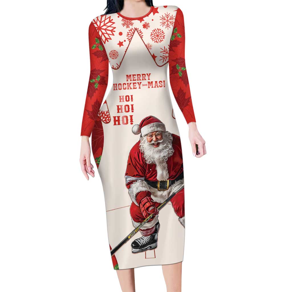 Christmas Canada Hockey Long Sleeve Bodycon Dress Merry Hockey-Mas Maple Leaves Pattern - Wonder Print Shop