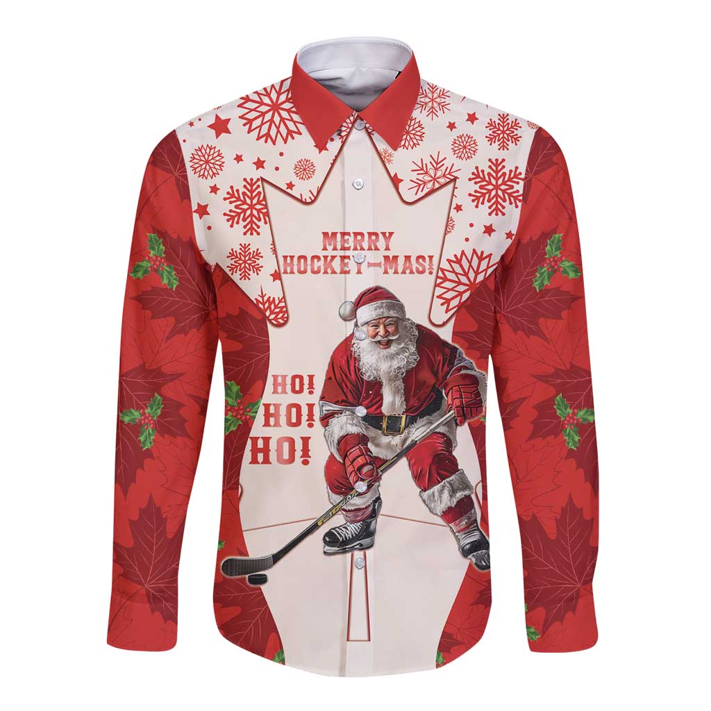 Red and white holiday hockey button-up shirt with Santa on ice, long sleeves