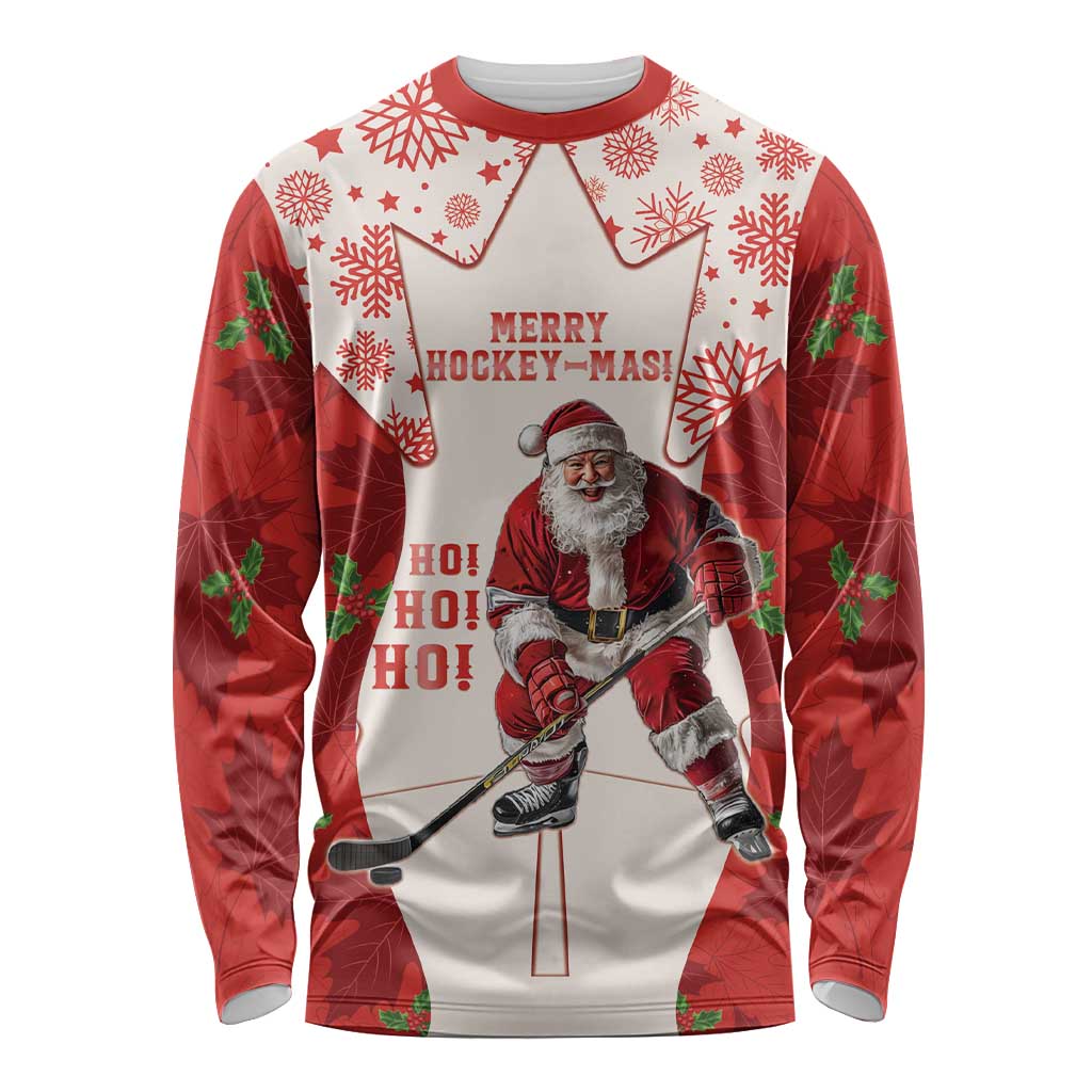 Christmas Canada Hockey Long Sleeve Shirt Merry Hockey-Mas Maple Leaves Pattern - Wonder Print Shop