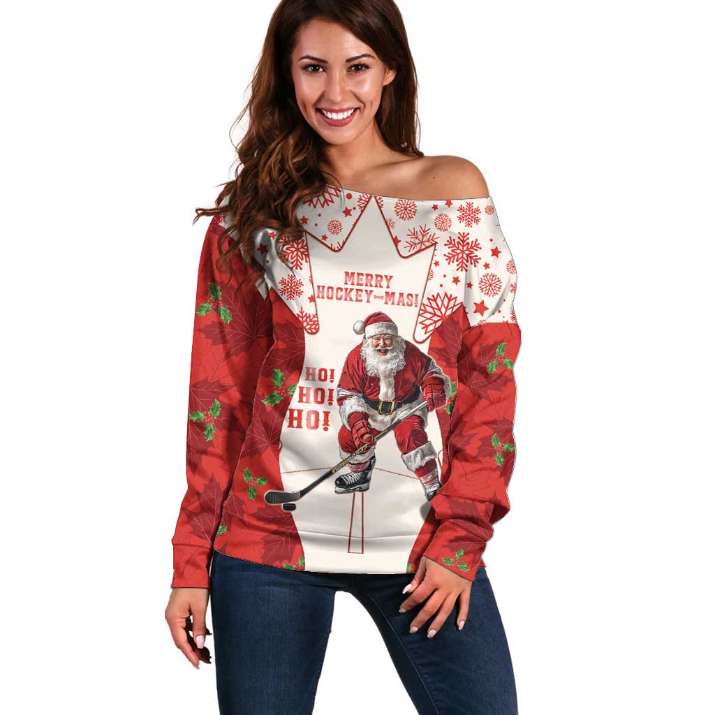 Christmas Canada Hockey Off Shoulder Sweater Merry Hockey-Mas Maple Leaves Pattern - Wonder Print Shop