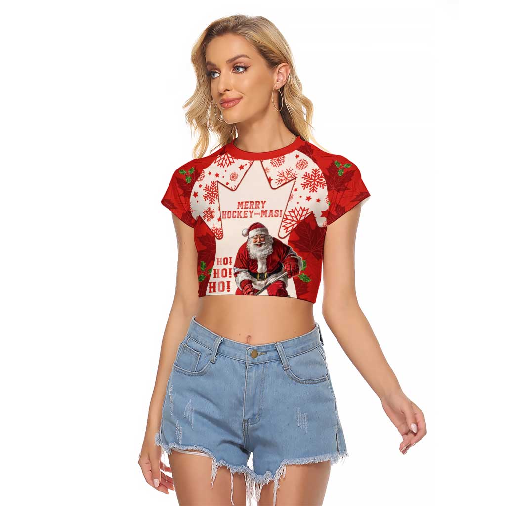 Christmas Canada Hockey Raglan Cropped T Shirt Merry Hockey-Mas Maple Leaves Pattern