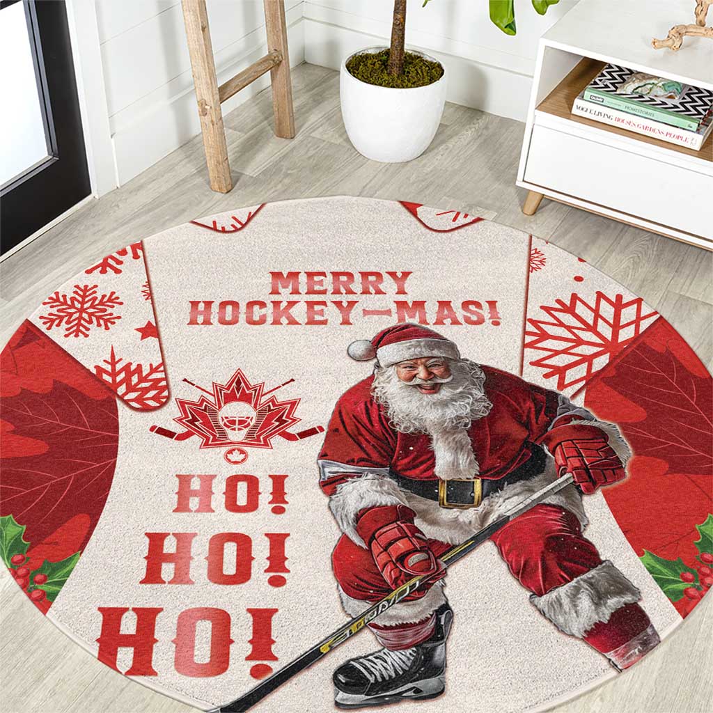 Round Christmas hockey rug: Santa with “MERRY HOCKEY-MAS,” “HO! HO! HO!” and maple leaves