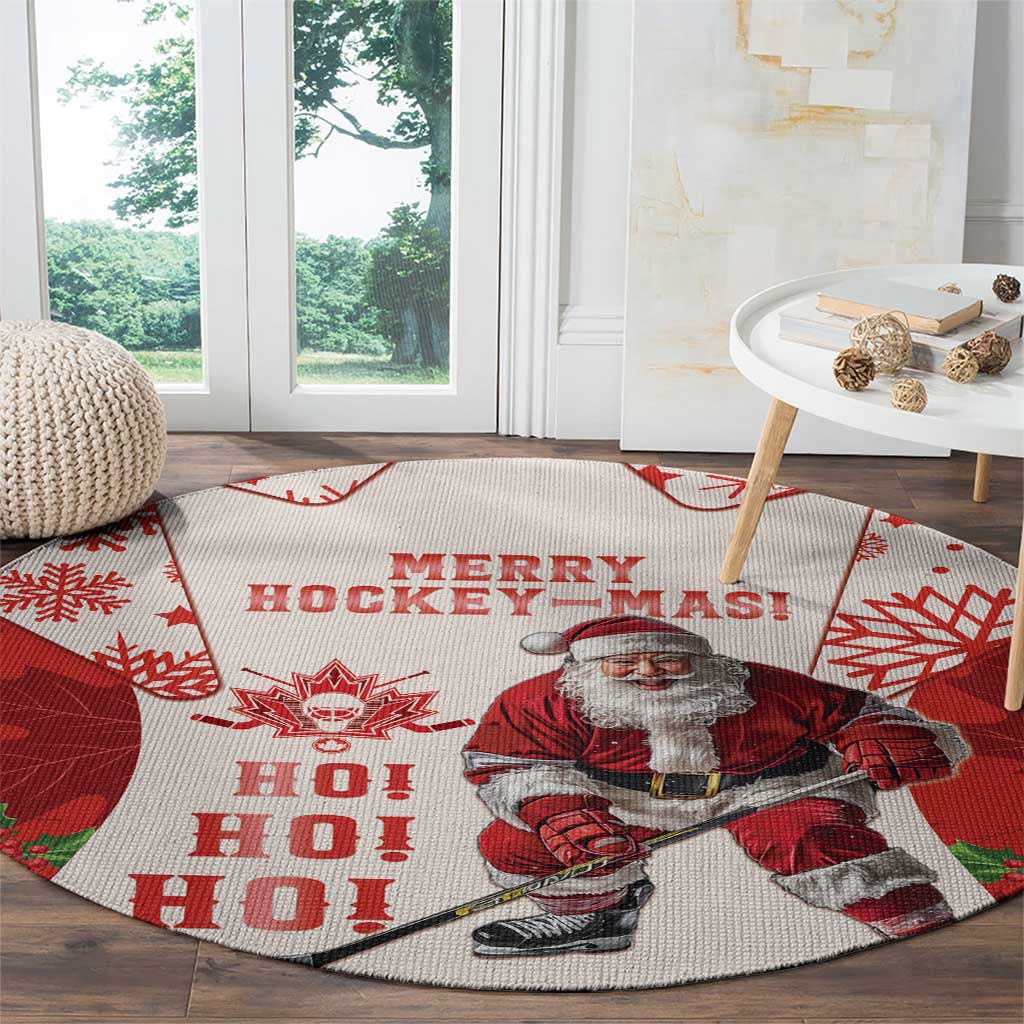 Round Christmas hockey rug with Santa holding a hockey stick and “HO! HO! HO!” maple leaf shapes