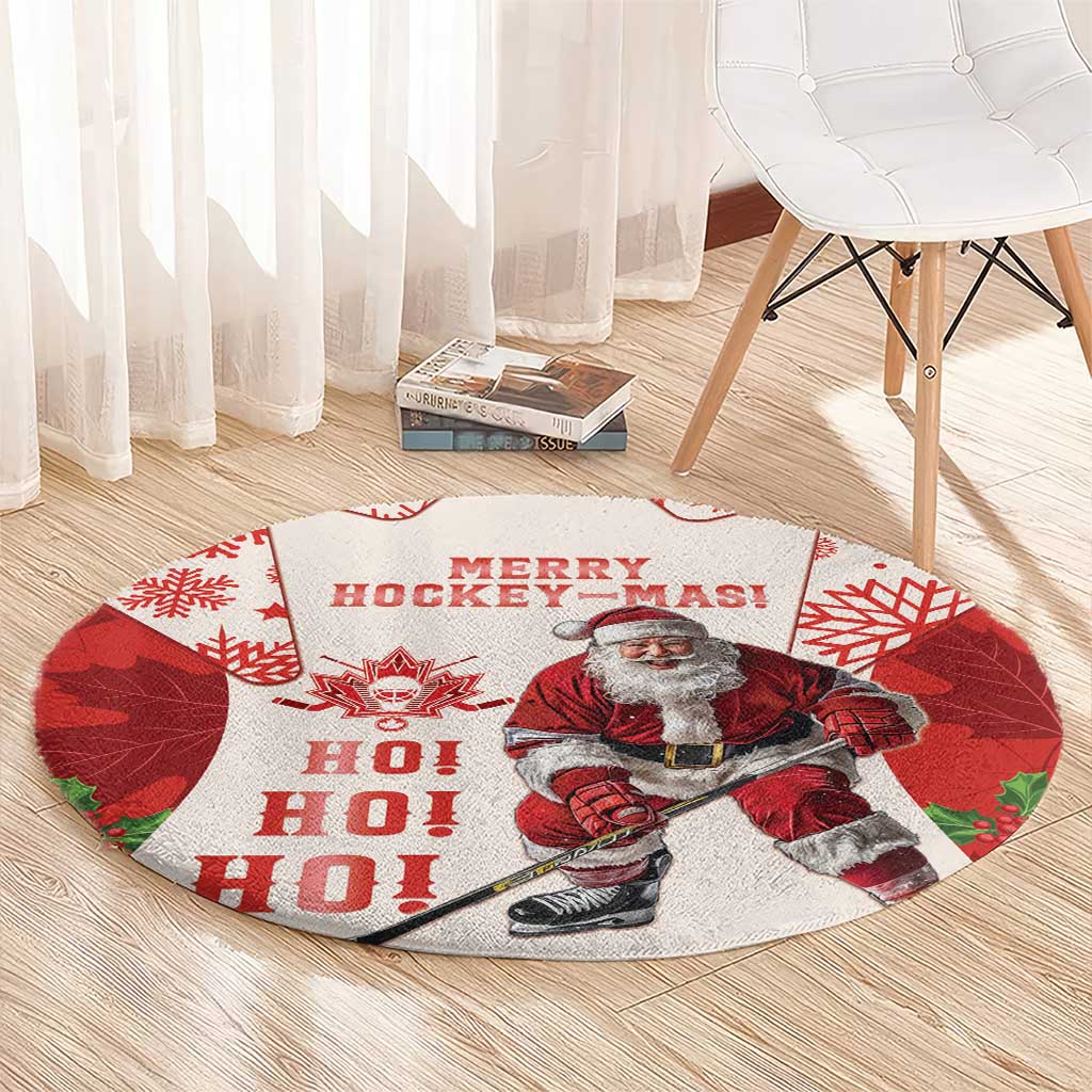 Round Christmas hockey rug featuring Santa in red with “MERRY HOCKEY-MAS” and maple leaves