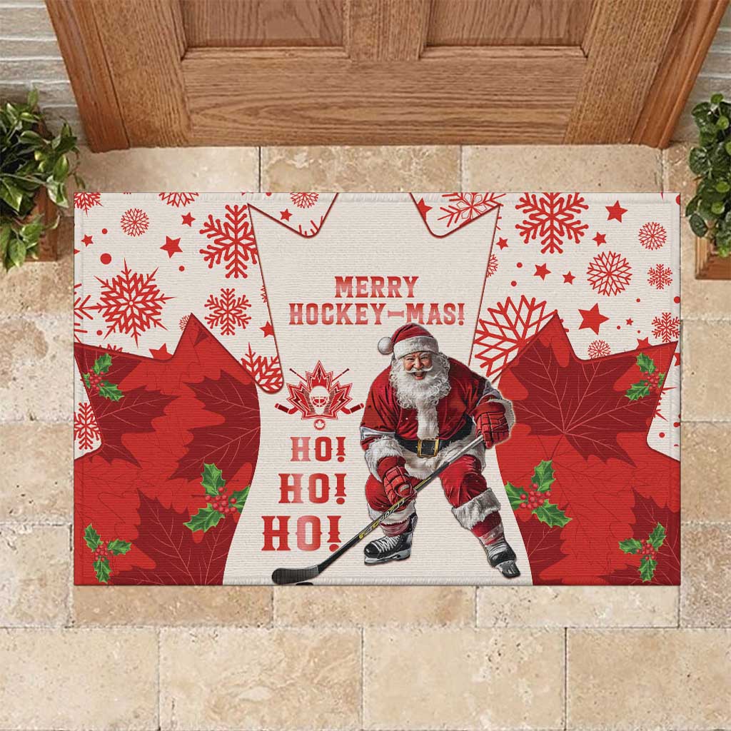 Christmas Canada Hockey Rubber Doormat Merry Hockey-Mas Maple Leaves Pattern