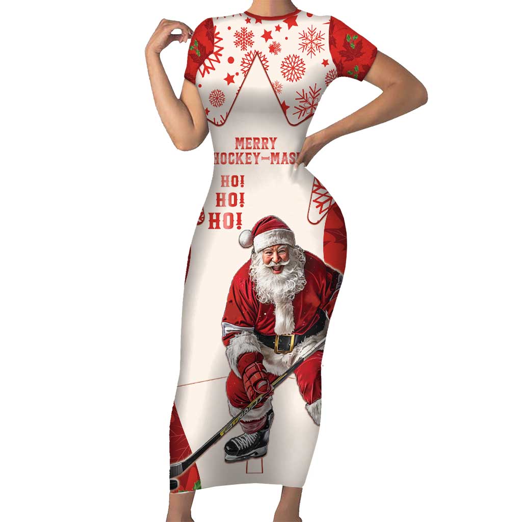 Christmas Canada Hockey Short Sleeve Bodycon Dress Merry Hockey-Mas Maple Leaves Pattern