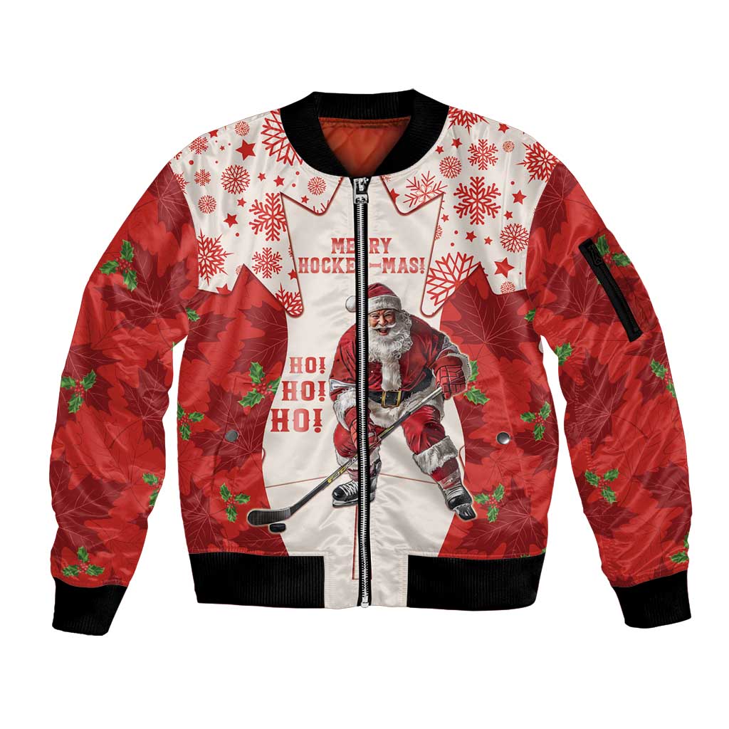 Christmas Canada Hockey Sleeve Zip Bomber Jacket Merry Hockey-Mas Maple Leaves Pattern