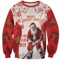 Red unisex holiday hockey sweatshirt with Santa graphic and Merry Hockey-Mas text.